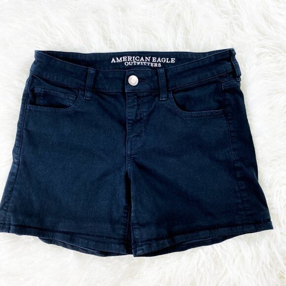 🦋 AMERICAN EAGLE Black Midi Jean Shorts High Rise 8 - Picture 3 of 6